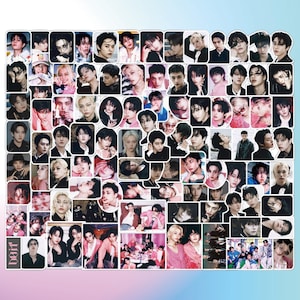 May include: A sheet of stickers displaying numerous portraits of young men in various poses and styles. The stickers feature a range of colours and aesthetics, some with text. The overall theme is related to pop culture.