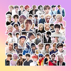 May include: A sheet of stickers featuring numerous male celebrities. The stickers vary in size and shape, showcasing diverse poses and expressions. The background is a gradient of pink and purple.
