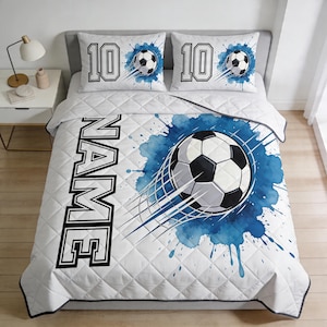 Personalized Soccer Quilt Bedding Set, Custom Name and Number Football Quilted Bedspread, Blue Sports Theme Blanket for Kids Boys Bedroom