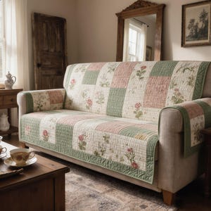 Överdrag i vintageblommigt blommigt sofföverdrag, quiltat soffskydd med rosenprästkragemönster, pastellfärgad trädgårdsdekoration i cottagecore, rustik shabby chic-pläd