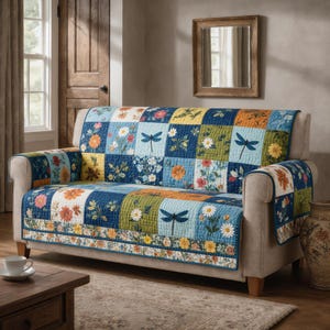 May include: A beige sofa with a colorful patchwork quilt featuring floral and dragonfly designs. The quilt has a blue background with squares of flowers in orange, yellow, and white. The sofa is in a living room setting.