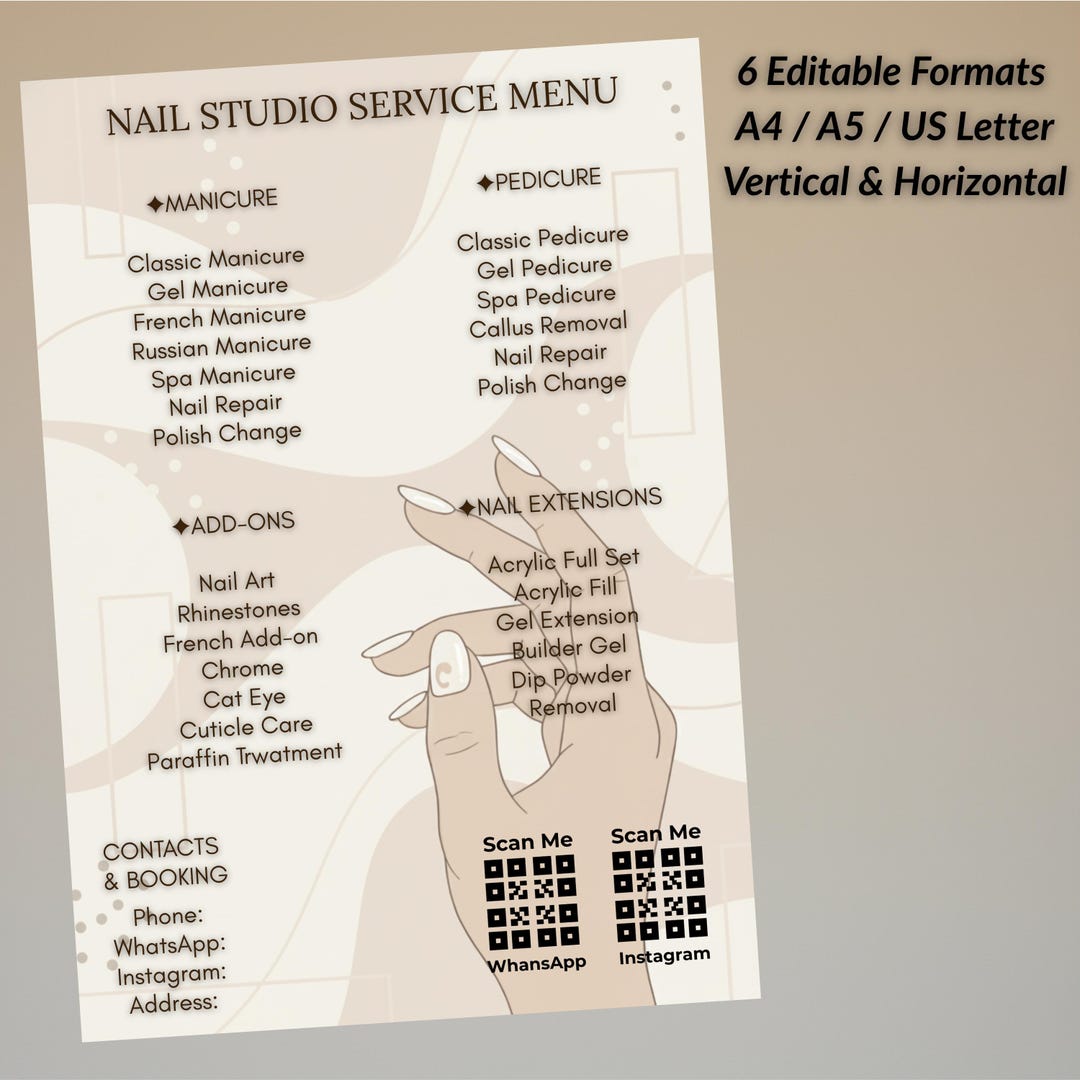 Nail Salon Service Menu Template Canva Editable, Manicure Pedicure ...