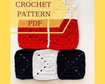 Crochet pattern Granny squares coaster, easy photo tutorial for small crochet blanket Patriotic