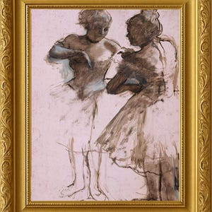 May include: A framed artwork featuring a sketch of two ballerinas in tutus. The sketch is rendered in shades of brown and blue on a pink background. The frame is ornate and gold-colored, adding a classic touch to the piece.