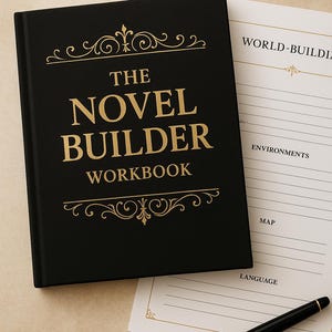 以下が含まれることがあります： 金色の文字と装飾が施された黒色の「The Novel Builder Workbook」。 「World-Building」などのプロンプトが書かれた紙が本の隣にあります。 金色のアクセントが付いた黒いペンが紙の上に置かれています。
