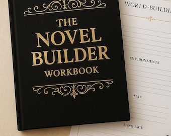 Puede incluir: Un libro negro "The Novel Builder Workbook" con letras doradas y adornos decorativos. Una hoja de papel con indicaciones de "World-Building" está al lado del libro. Un bolígrafo negro con detalles dorados descansa sobre el papel.