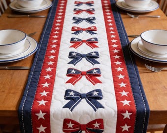 Quilted Patriotic Table Runner with Bows and Stars, Red White and Blue Americana Table Decor, 4th of July Dining Decor, Table Topper