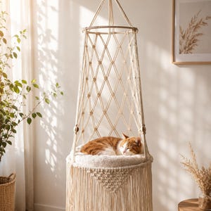May include: A cream-colored macrame hanging cat bed featuring a diamond-patterned rope structure, a circular base with a soft white cushion, and long decorative fringe trim. An orange and white cat is curled up sleeping inside the bed.