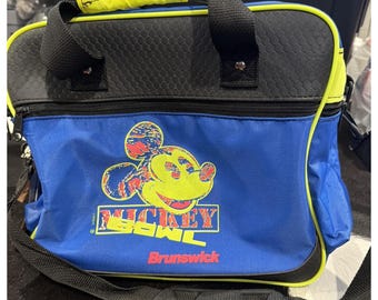 Bolsa de bolos Brunswick de Mickey Mouse vintage, azul, amarillo, neón, años 90, EE. UU., rara