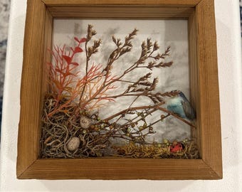 Caja de madera vintage original hecha a mano con diseño de petirrojo, mariquita y otros animales salvajes, 7 1/2".