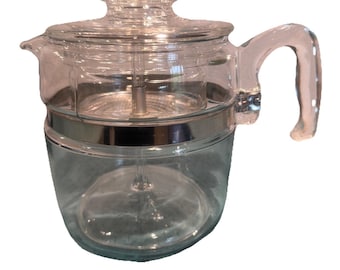 Cafetera de vidrio Pyrex Flameware 7756B vintage para 6 tazas, sin colador superior.