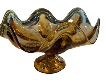Vintage Amber Viking 9-1/2" piedestalskål amerikanskt glas He Avon stretch