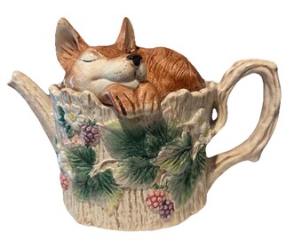 Tetera de cerámica 3D con forma de zorro durmiente, vintage de 1990, de Fitz & Floyd.
