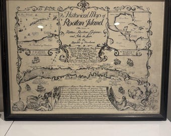 Mappa storica di Roatan del 1981, incorniciata professionalmente da Ann Jennings-Brown, 25 pollici.