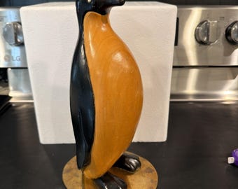 Vtg Sarreid Ltd Carved Wood & Brass Penguin Sculpture 12" Made In Spain