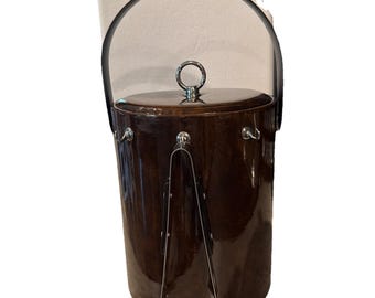 VTG Georges Briard Brown Faux Padded Tortoise Shell Ice Bucket With Tongs