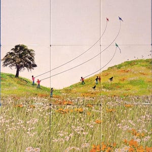 May include: A colorful illustration depicts children flying kites on a grassy hill. The kites are red, blue, and green. A large tree stands on the left, and a field of wildflowers fills the foreground. The artwork is signed by D. Armstrong.