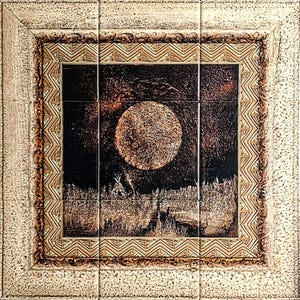 May include: Square tile art depicting a night scene with a full moon, a forest, and a teepee. The artwork is framed with a textured beige border and a decorative gold and brown geometric pattern.