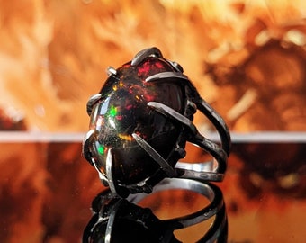 Big Black Opal Ring | Chunky Ring |  Occult and Witchy | Black Opal Sterling Silver Ring | Statement Ring | Diablo Ring | Talisman Fire Ring