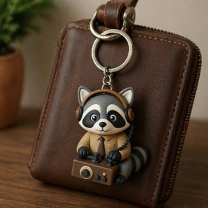 Könnte beinhalten: Ein Schlüsselanhänger mit einem Waschbären, der eine braune Jacke, Krawatte und Kopfhörer trägt und ein Radio hält. Der Schlüsselanhänger ist an einer braunen Ledergeldbörse mit Reißverschluss und einem silbernen Schlüsselring befestigt.