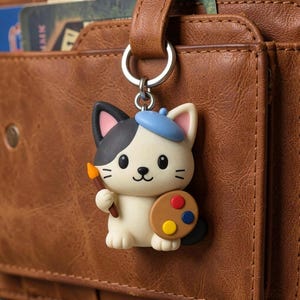 Memory Painter Cat Keychain - Artisan Hand-Painted 3D Printed Feline Charm for Bag Accessories