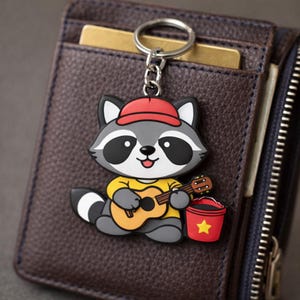 Può includere: Un portachiavi a forma di procione dei cartoni animati con berretto rosso e camicia gialla, che suona la chitarra. Il portachiavi ha un anello argentato ed è attaccato a un portafoglio marrone. Un secchio rosso con una stella gialla è accanto al procione.