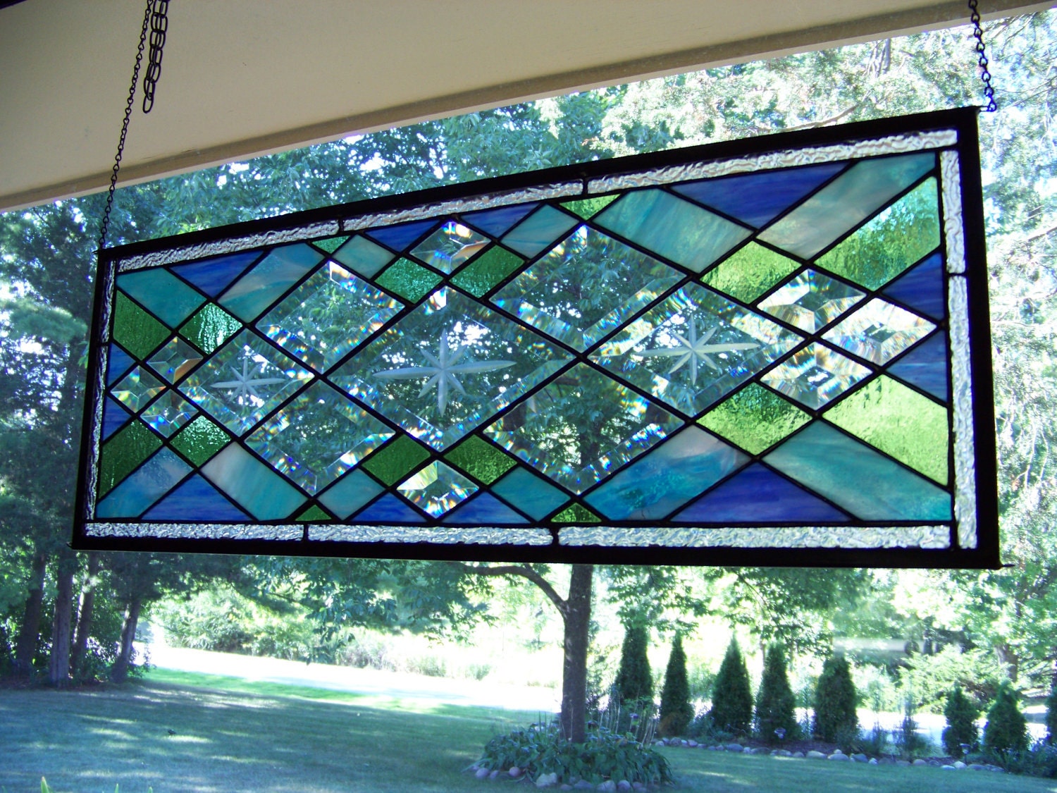 Stained Glass Panel Blue Green & Beveled Diamonds Etsy