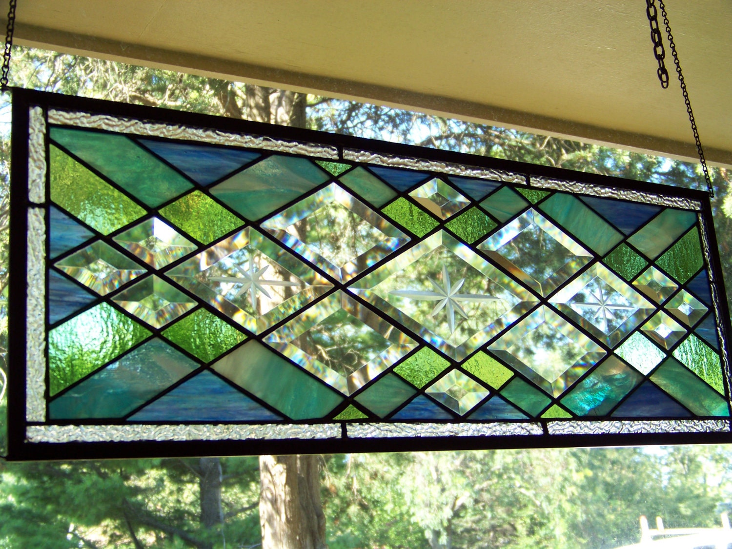 Stained Glass Panel Blue Green & Beveled Diamonds Etsy