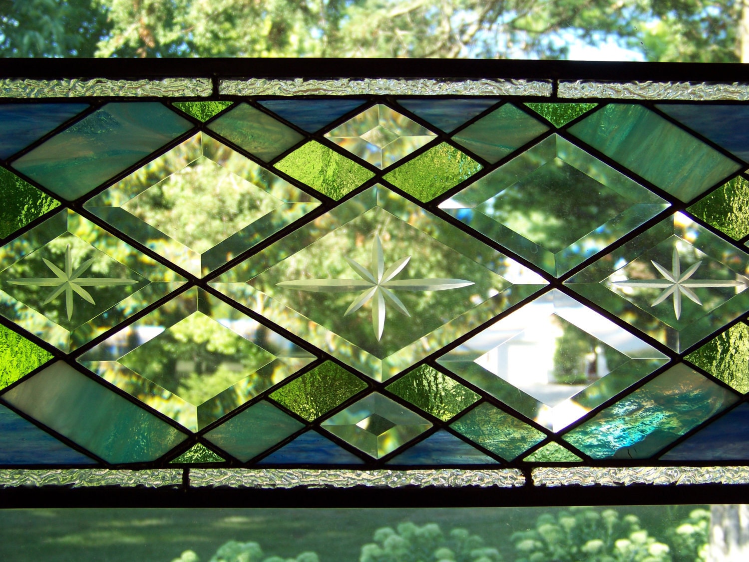 Stained Glass Panel Blue Green & Beveled Diamonds Etsy