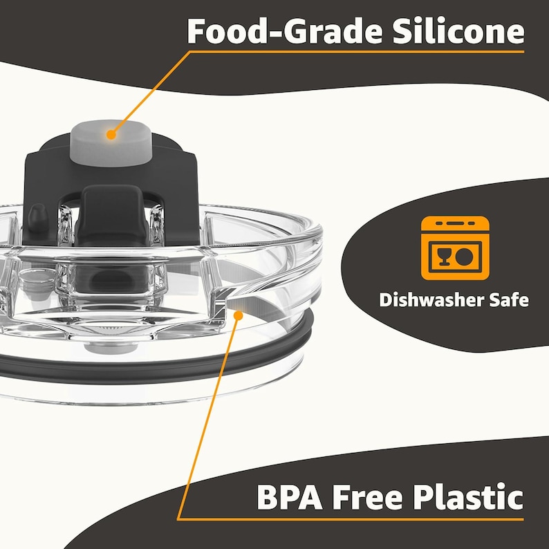 May include: Close-up of a clear plastic lid with a black and gray silicone top. The lid is labeled "Food-Grade Silicone" and "BPA Free Plastic". A graphic indicates the lid is "Dishwasher Safe".