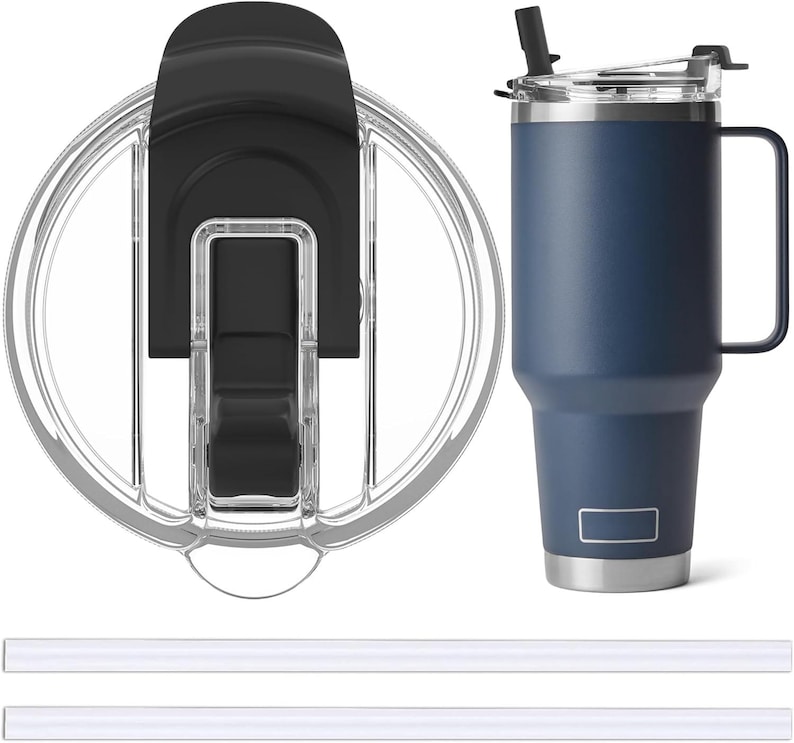 May include: A navy blue insulated tumbler with a handle, a clear lid, and a black lid. Two clear straws are also included. The tumbler has a stainless steel base and a small rectangular logo.