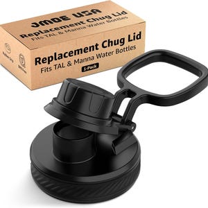 May include: A black replacement chug lid for TAL and Manna water bottles. The lid features a flip-top design with a handle for easy carrying. The product is packaged in a cardboard box with the brand name and product information printed on it.
