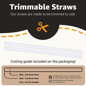 May include: Two clear, trimmable straws are displayed against a neutral background. The image includes text that reads "Trimmable Straws" and "Our straws are made to be trimmed to size." A cutting guide is also shown, with measurements in ounces.