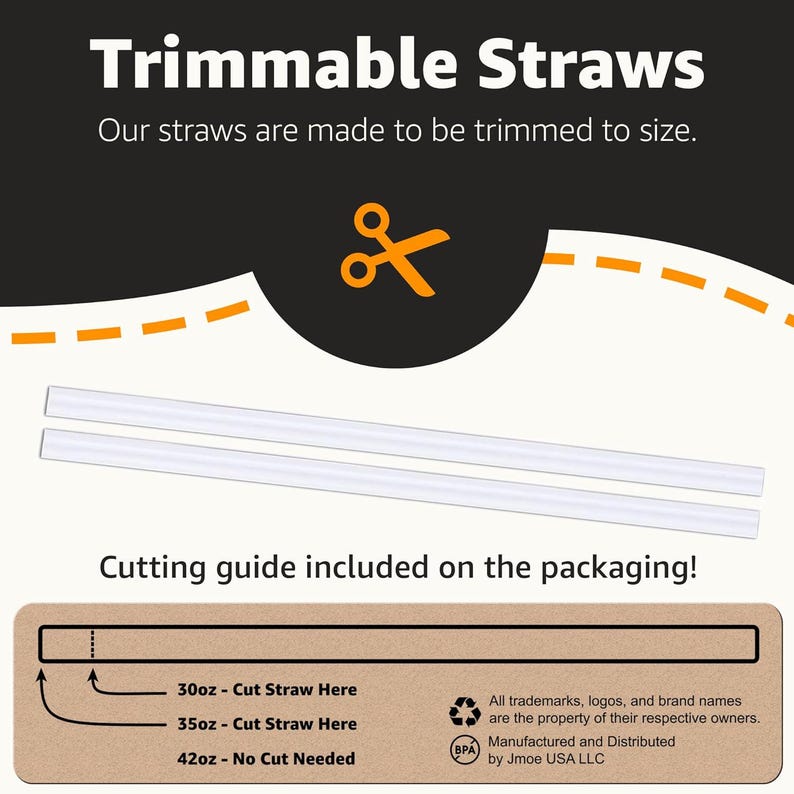 May include: Two clear, trimmable straws are displayed against a neutral background. The image includes text that reads "Trimmable Straws" and "Our straws are made to be trimmed to size." A cutting guide is also shown, with measurements in ounces.
