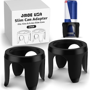 May include: Black slim can adapters with a white box that reads "JMOE USA Slim Can Adapter Fits 12oz & 8.4oz Slim Cans 2-Pack". One adapter holds a blue and white can. The adapters have a circular top and three curved legs.