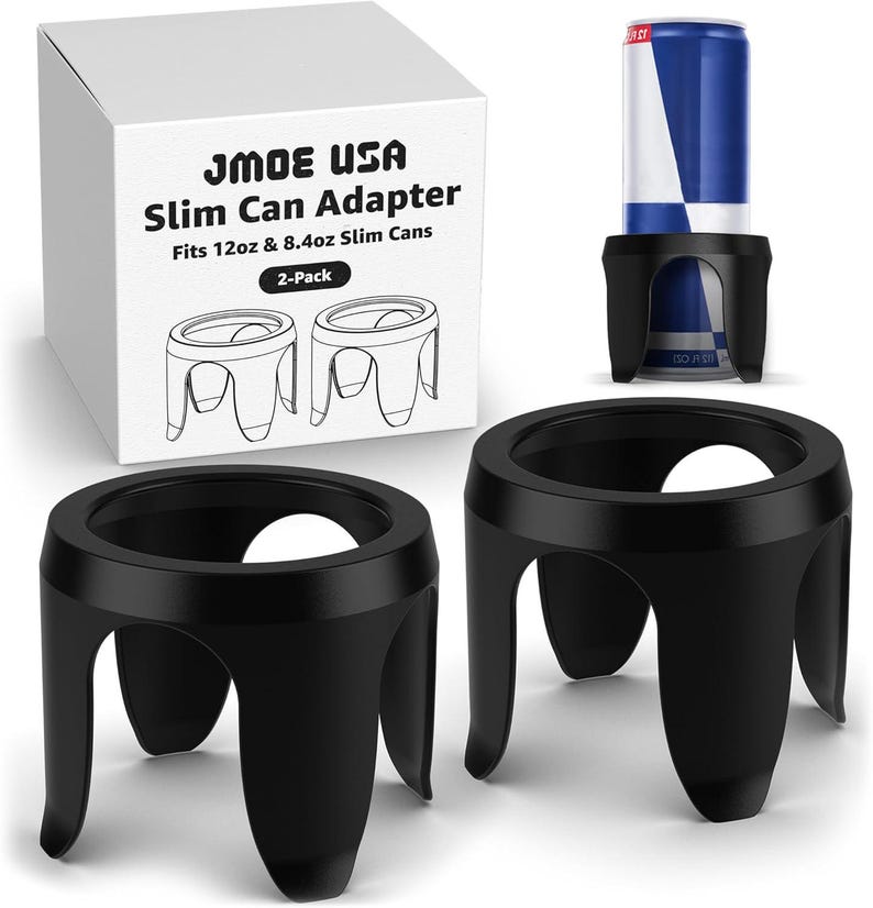 May include: Black slim can adapters with a white box that reads "JMOE USA Slim Can Adapter Fits 12oz & 8.4oz Slim Cans 2-Pack". One adapter holds a blue and white can. The adapters have a circular top and three curved legs.