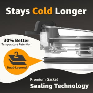 May include: Close-up of a clear container lid with a black handle. Text reads "Stays Cold Longer" and "30% Better Temperature Retention." An orange graphic indicates a dual-layered design. The bottom text says "Premium Gasket Sealing Technology."