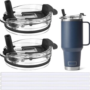 May include: A navy blue insulated tumbler with a handle, a clear lid with a black spout, and several clear straws. The tumbler has a silver rim and base. Two additional clear lids with black accents and a black spout are also shown.