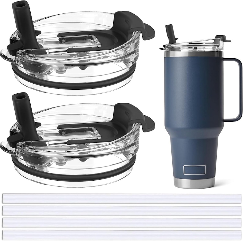 May include: A navy blue insulated tumbler with a handle, a clear lid with a black spout, and several clear straws. The tumbler has a silver rim and base. Two additional clear lids with black accents and a black spout are also shown.