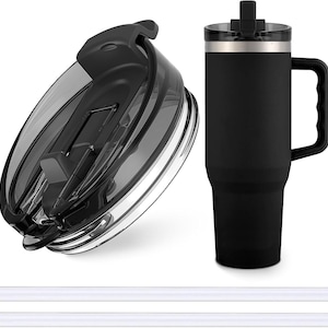 May include: A black insulated tumbler with a handle and a clear lid. The lid is partially open, revealing the interior. Two white straws are at the bottom of the image. The tumbler is designed to keep beverages cold or hot.