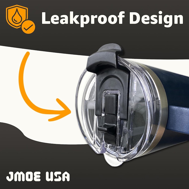 May include: Close-up of a navy blue travel mug with a clear, leakproof lid. The lid features a black flip-top closure. The words "Leakproof Design" are displayed above the mug, with the brand name "JMOE USA" at the bottom.