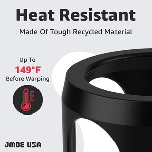 May include: Black heat-resistant product made of recycled material. The text reads "Heat Resistant" and "Up To 65&deg;C Before Warping." A thermometer icon is also visible. The brand name "JMOE USA" is at the bottom.