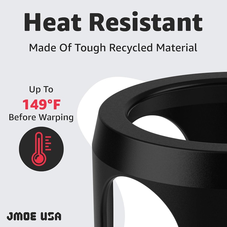 May include: Black heat-resistant product made of recycled material. The text reads "Heat Resistant" and "Up To 65&deg;C Before Warping." A thermometer icon is also visible. The brand name "JMOE USA" is at the bottom.
