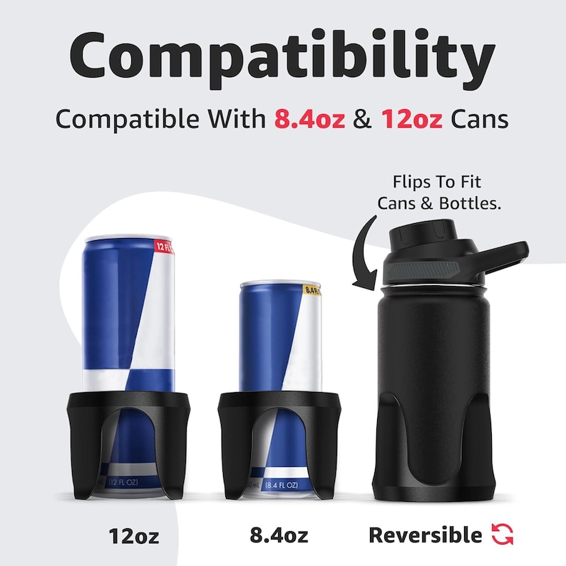 May include: Image showing a black drink holder with two cans and a black water bottle. The text reads "Compatibility" and "Compatible With 8.4oz & 12oz Cans." The holder is reversible and fits cans and bottles.