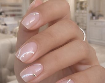 White Chrome Swirl Press On Nails, Almond Nail Set, Abstract Clean Nails, Chic Summer Nails, Beach Vacation Gift