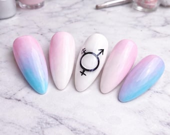 Transgender Pride Press On Nails Pastel Pink Blue White Nails LGBT Trans Nails Glossy Almond Fake Nails Reusable Nail Set Gift