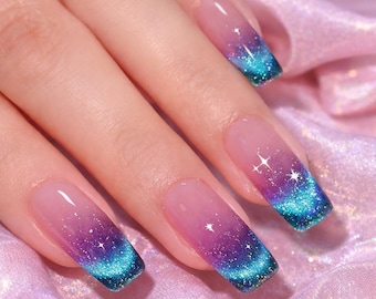 Blue Pink Gradient Press On Nails Square Shape Glitter Starry Sky Cute Glossy Fake Nails Set Gift For Her