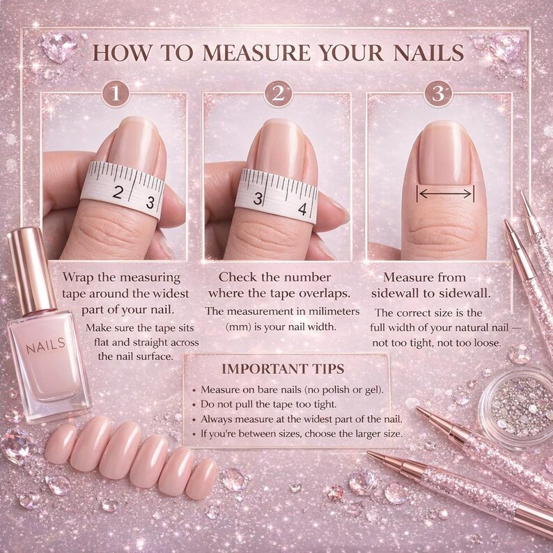 May include: A guide on how to measure nails, featuring a measuring tape, nail polish, and nail tips. The instructions show how to measure nail width in millimeters. The image includes the text "HOW TO MEASURE YOUR NAILS".