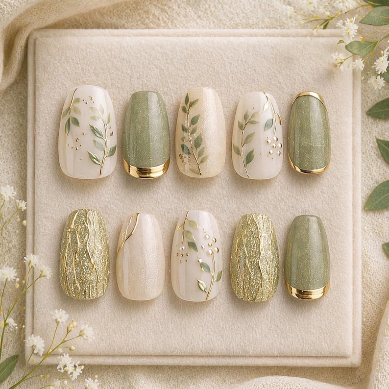 May include: A set of ten artificial nails in various designs. Some nails are a light beige with green leaf and gold accents. Others are solid olive green or gold glitter. Some nails have a gold band at the base.
