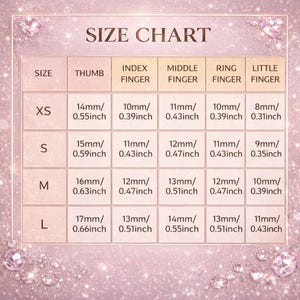 May include: A size chart for nail sizes, with measurements in millimeters and inches. The chart includes sizes XS, S, M, and L, with corresponding measurements for thumb, index, middle, ring, and little fingers.